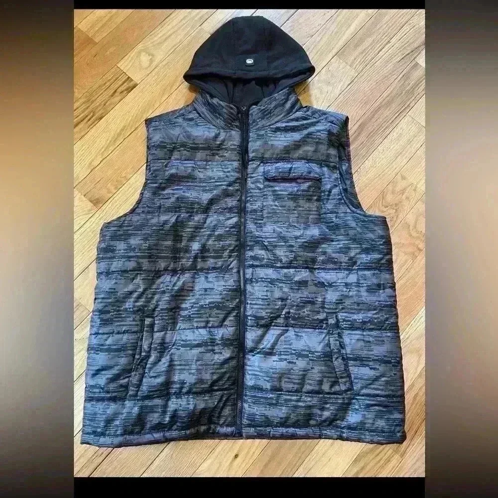 Ecko Unltd Hoodie Puffer Vest Mens Size XXL Zip Closure Pocket Gray Camo Print